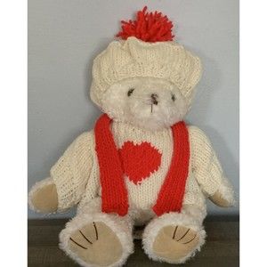 Valentine’s Day Walmart Teddy Bear Knitted Heart Sweater Cap Scarf 17" READ